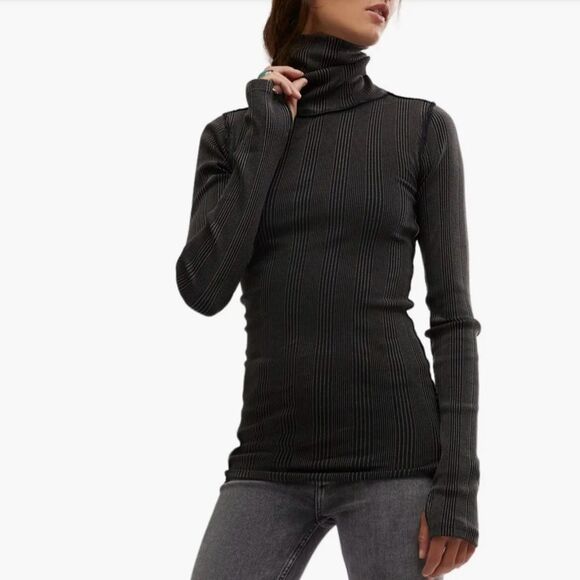 free people XS Black Brynn Turtleneck Scrunched Ribbed Thermal Cotton Top - Picture 4 of 16